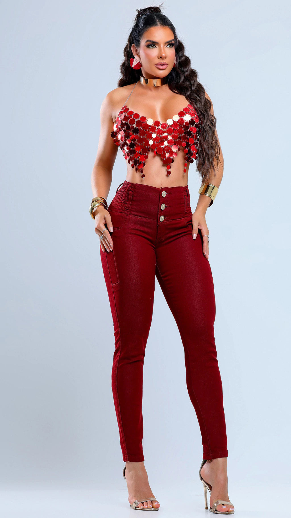 57686 – Skinny Shaping Jeans with Wide Waistband | Burgundy