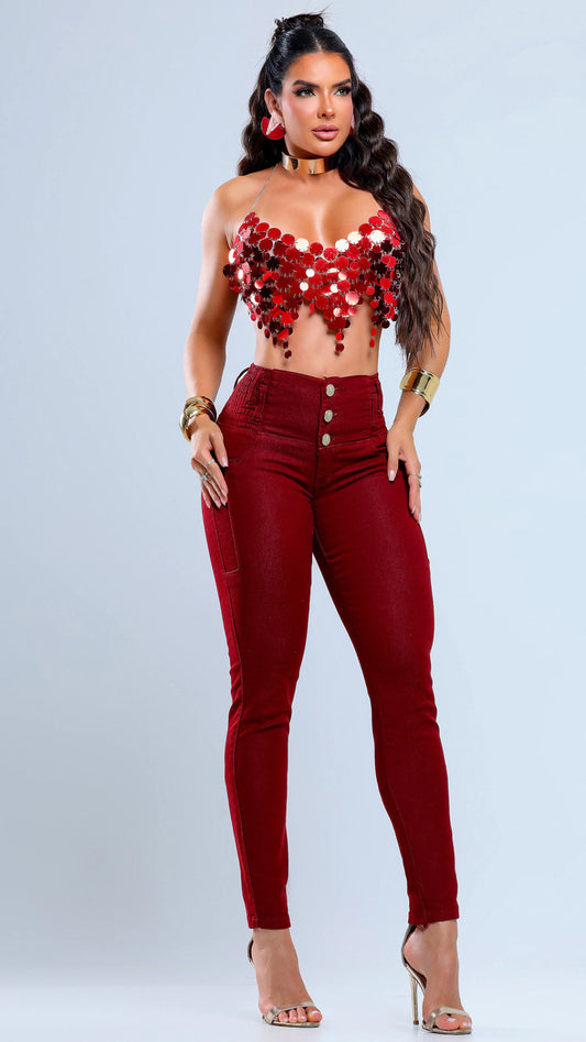 57686 – Skinny Shaping Jeans with Wide Waistband | Burgundy