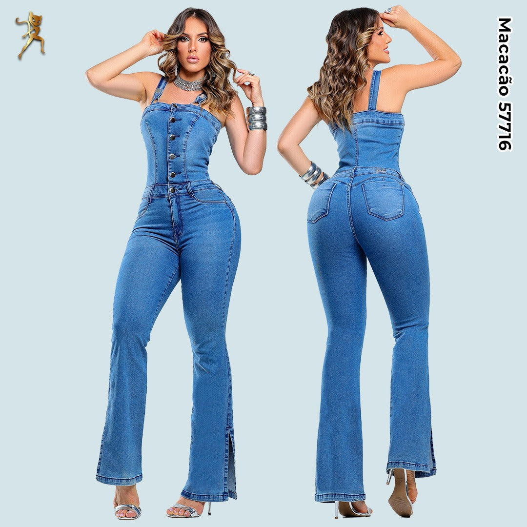 57716 – Premium Denim Flare Jumpsuit with Straps